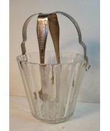 Glass Ice Bucket Frosted &amp; Paneled with Handle &amp; Matching Ice Tongs - $35.00