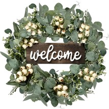 Green Artificial Eucalyptus Wreath With Welcome Sign 20In Spring Summer Wreath W - £25.40 GBP