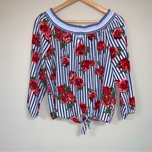 NO BOUNDARIES Off Shoulder Blouse Top Large White Red Striped Floral Tie... - $15.84