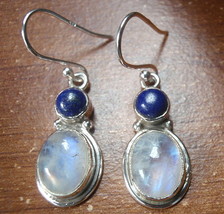 Lapis and Moonstone Oval Round 925 Sterling Silver Dangle Earrings 7003qb - £19.21 GBP