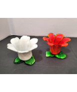 2 Hand Blown Art Glass Flower Votive Candle Holders Red Orange White Flo... - $50.72 CAD