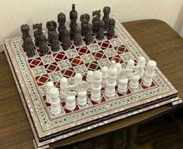 Luxury Chess Set Real Camel Bones &amp; Ebony &amp; Chess Board Inlaid Shell 17&quot; - $790.00