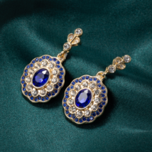 4Ct Oval Cut Simulated Blue Sapphire Drop&Dangle Earrings 14k Yellow Gold Plated - £98.10 GBP
