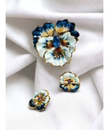 Vintage Signed CORO Enameled Sterling Gold Blue Rhinestone Brooch &amp; Earr... - €222,92 EUR
