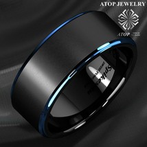 8mm Tungsten Carbide Ring Black Brushed Blue Stripe Men&#39;s Wedding Band J... - £20.95 GBP