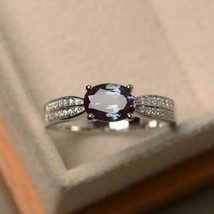 1.10CT Oval Simulated Alexandrite &amp;Diamond Engagement Ring 14K White Gold Plated - £50.89 GBP