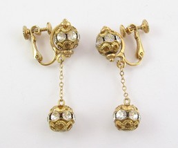 Rhinestone Disco Ball Earrings Vintage Clip On Screw Back Goldtone Dangle 1 5/8&quot; - $19.79