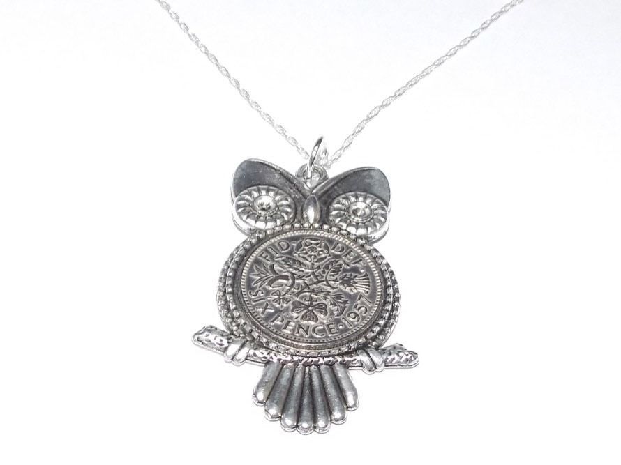 1953 Sixpence Owl Pendant for 65th Birthday Gift boxed - $17.47