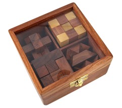 Wooden 4-in-1 Puzzle Games Set in One Wooden Box Brain Teaser Adults and Childe - £31.54 GBP