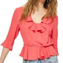 Topshop Blouse Ruffle V-neck Phoebe Frilly Fuchsia Pink Tie Top Size 8 New - $24.99