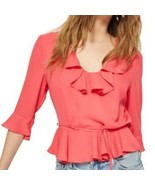 Topshop Blouse Ruffle V-neck Phoebe Frilly Fuchsia Pink Tie Top Size 8 New - $34.24 CAD