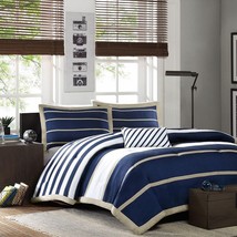 Full / Queen size Comforter Set in Navy Blue White Khaki Stripe - £253.95 GBP