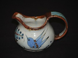 Hand Painted Blue Bird Mexican Folk Art Pottery Creamer Pitcher Mexico Signed - £15.81 GBP