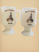 VTG Disney World Mugs Milk Glass Souvenir Mom &amp; Dad Pedestal Mugs Cups Gold Prt - £13.90 GBP