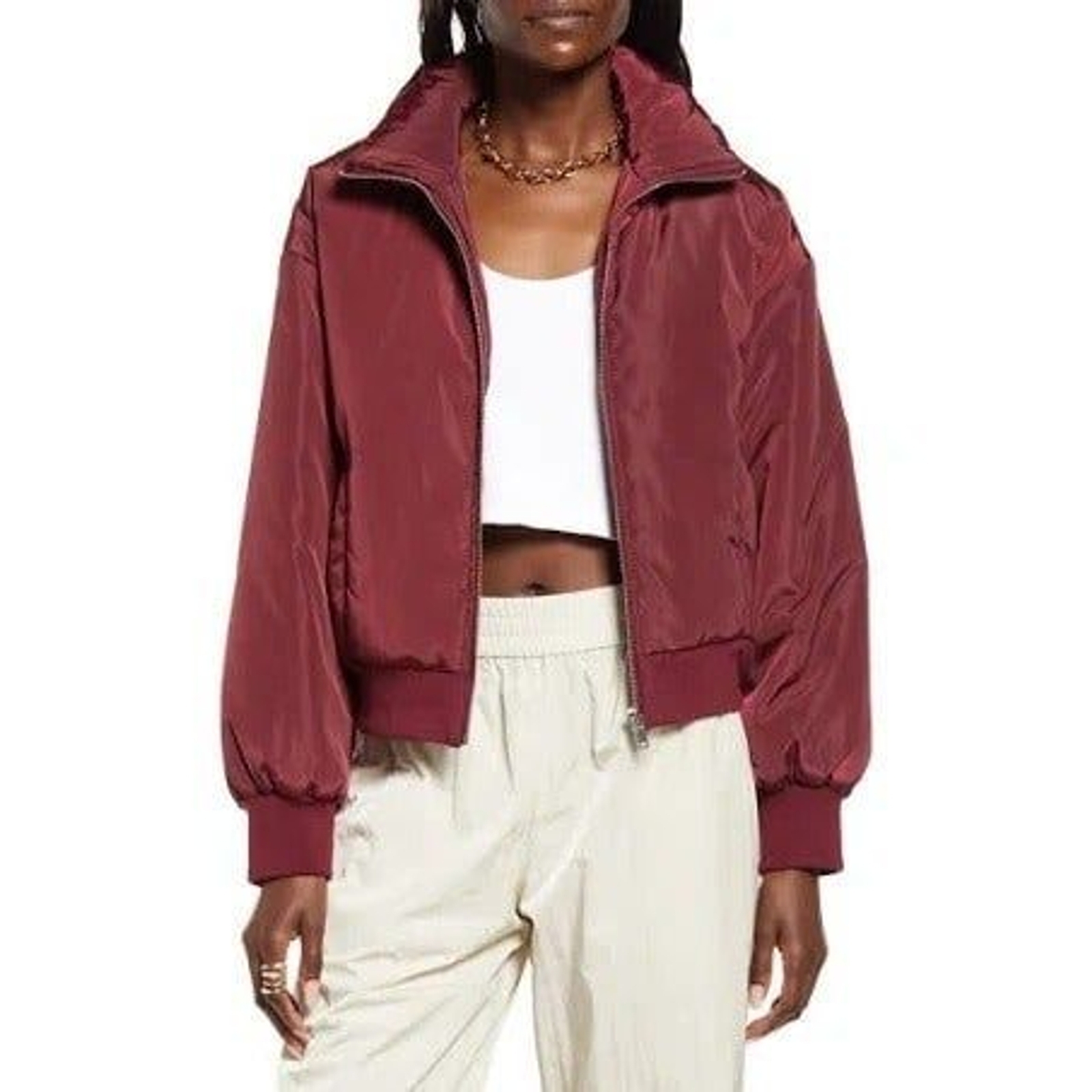 MissGuided Bomber Jacket Zipper Detail Burgundy Sz 4 - £14.18 GBP