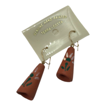 Vintage  Earrings Hand Painted Terra Cotta Clay Floral Boho Danglers cottagecore - £7.89 GBP