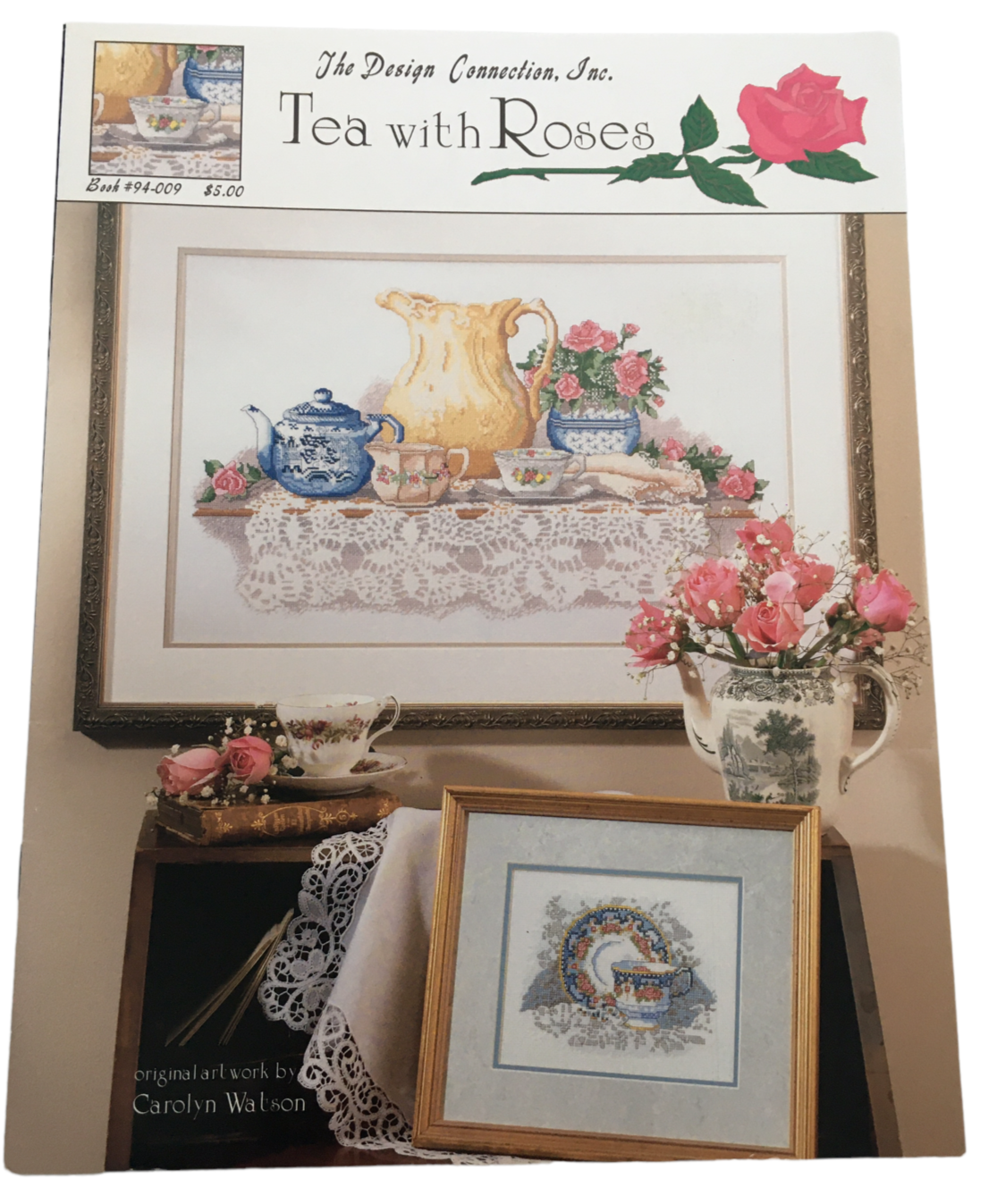 The Design Connection Cross Stitch Pattern Leaflet Tea with Roses Teapot Tea Cup - £15.68 GBP