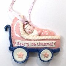 Baby&#39;s First Christmas (Girl) Pink &amp; Blue Baby in Carriage Tree Ornament - £12.58 GBP