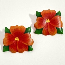 Tropical Hibiscus Hand Painted Wood Lightweight Pierced Earrings 1.4” - £10.34 GBP