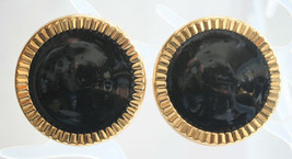 Fabulous Art Moderne Black Enamel Gold-tone Pierced Earrings 1980s vintage - £9.67 GBP