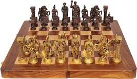 chess set antique brass pieces with wooden board 14 inches - £97.83 GBP