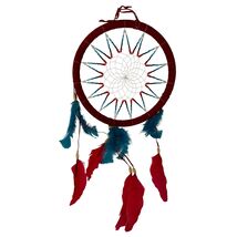 12 Inch Dreamcatcher Wall Hanging Red Hoop with Blue and Red Feathers - $18.80