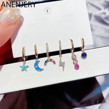 ANENJERY Silver Color Moon Star Hoop Earrings For Women Colored Zircon 6 Pieces  - £15.16 GBP