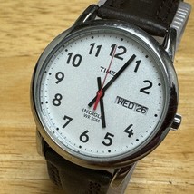 Timex Indiglo Quartz Watch Men 30m Silver Easy Read Day Date Leather New Battery - $26.59