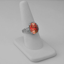 Sterling Silver Orange Copper Turquoise Oval Cabochon Lattice Band Ring - £59.82 GBP