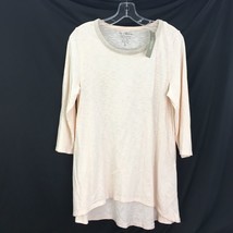 Chicos T Shirt Size S Pink 3/4 Sleeves Gold Neck Trim Top Tee Scoop Neck Tunic - £11.23 GBP