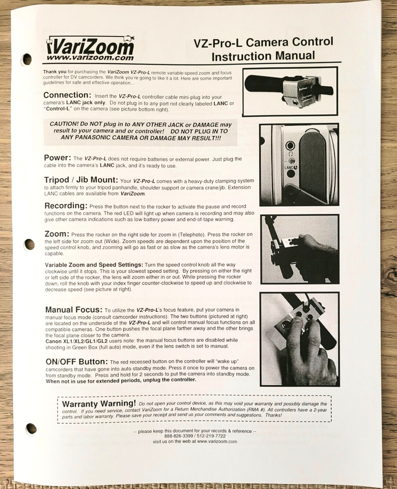 Copy of Instruction Manual for VariZoom VZ-Pro-L  camera control - $7.85