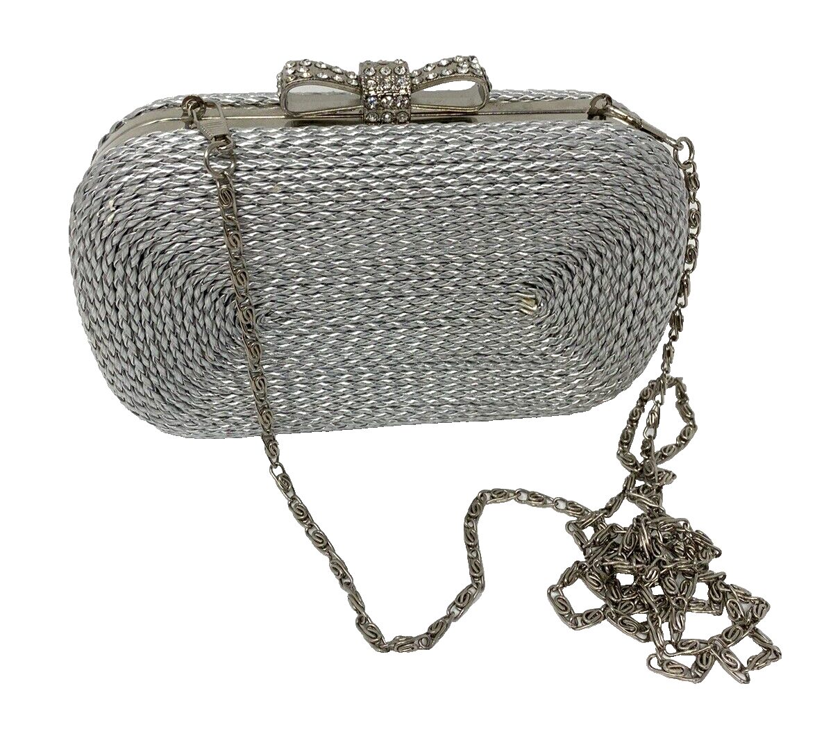 Kate Landy Silver Metallic Hard Shell Small Rectangular Purse with Bow Top - $14.24