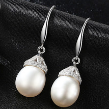 Full Diamond Micro-Inlaid Earrings 925 Silver Freshwater Pearl Exquisite Geometr - $43.00