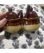 Vintage Double Condiment Crockery Set Tan Brown w/ Spoons - $20.57 CAD