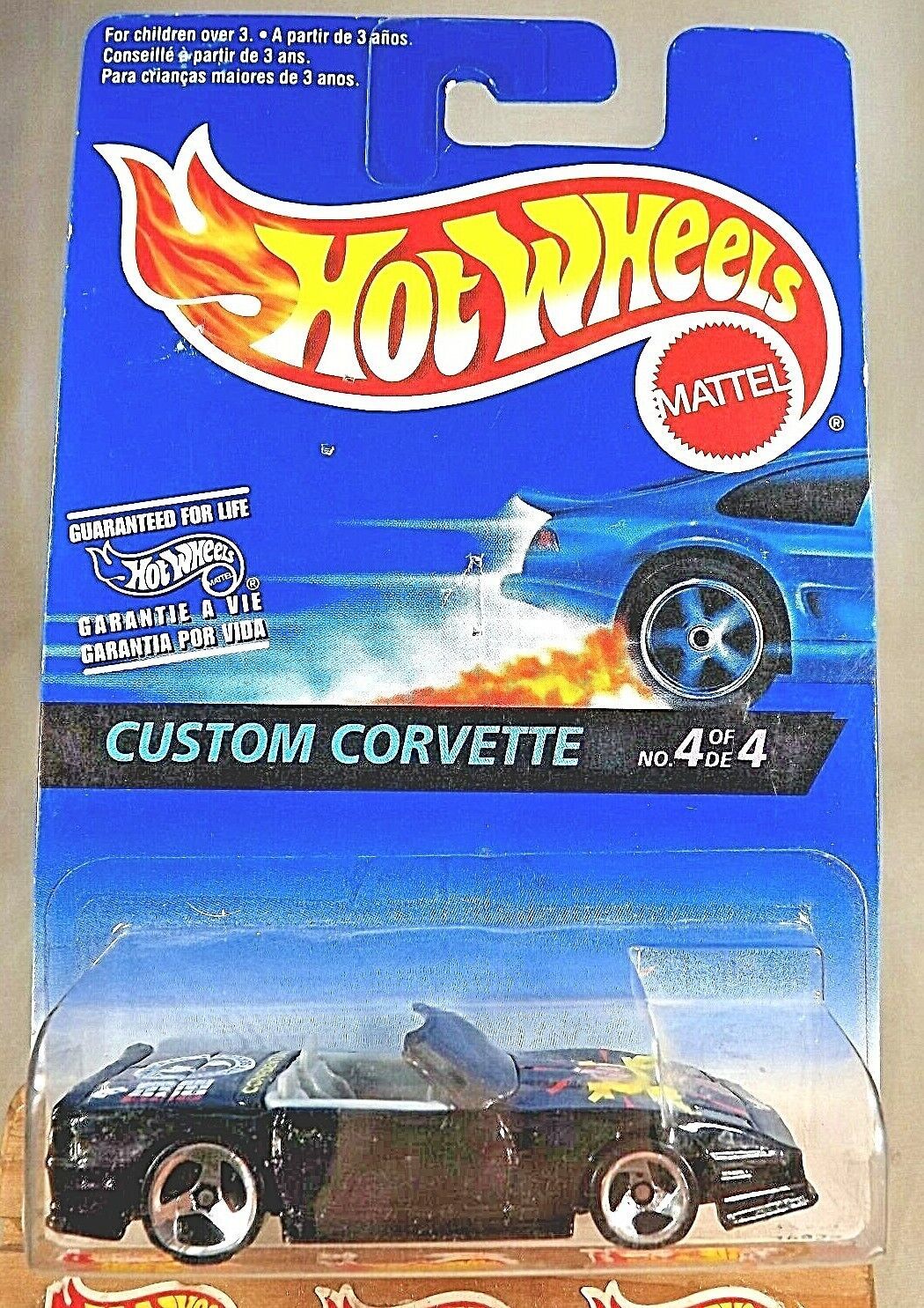 1997 Hot Wheels International Card CUSTOM CORVETTE 4/4 Black w/Chrome 3 Spokes
