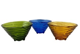 3 Swirly Ribbed Design Art Glass Bowls Footed Cobalt Blue Amber Avocado Green - £17.57 GBP