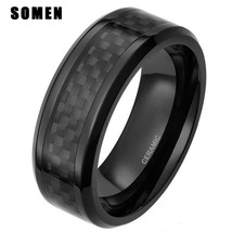 8mm Men&#39;s Ceramic Ring Black Carbon Fiber Inlay For Male Engagement Ring Wedding - £14.64 GBP