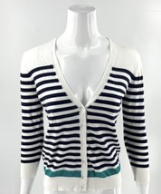 Ann Taylor Loft Cardigan Sweater XS Striped White Black Teal Cotton V Neck - £17.01 GBP