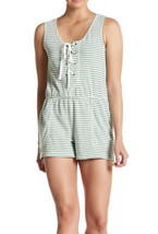 NWT Womens Max Studio Sleeveless Green/Wht Striped Lace-Up Short Romper Sz Large - $36.37