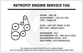 1987 3.8L Grand National Retrofit Engine Service Tag Belt Routing Diagra... - $14.95