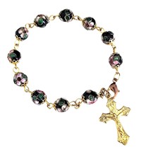 Black Cloisonne Floral Beaded &amp; Gold tone Cross Rosary Bracelet - £17.06 GBP