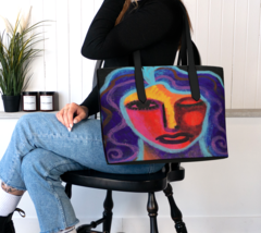 Funky Abstract Portrait of a Woman Printed on Vegan Leather Shoulder Bag Tote  - £76.79 GBP