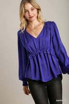 Satin V-neck Ruffle Baby Doll Top With Cuffed Long Sleeve - £38.42 GBP