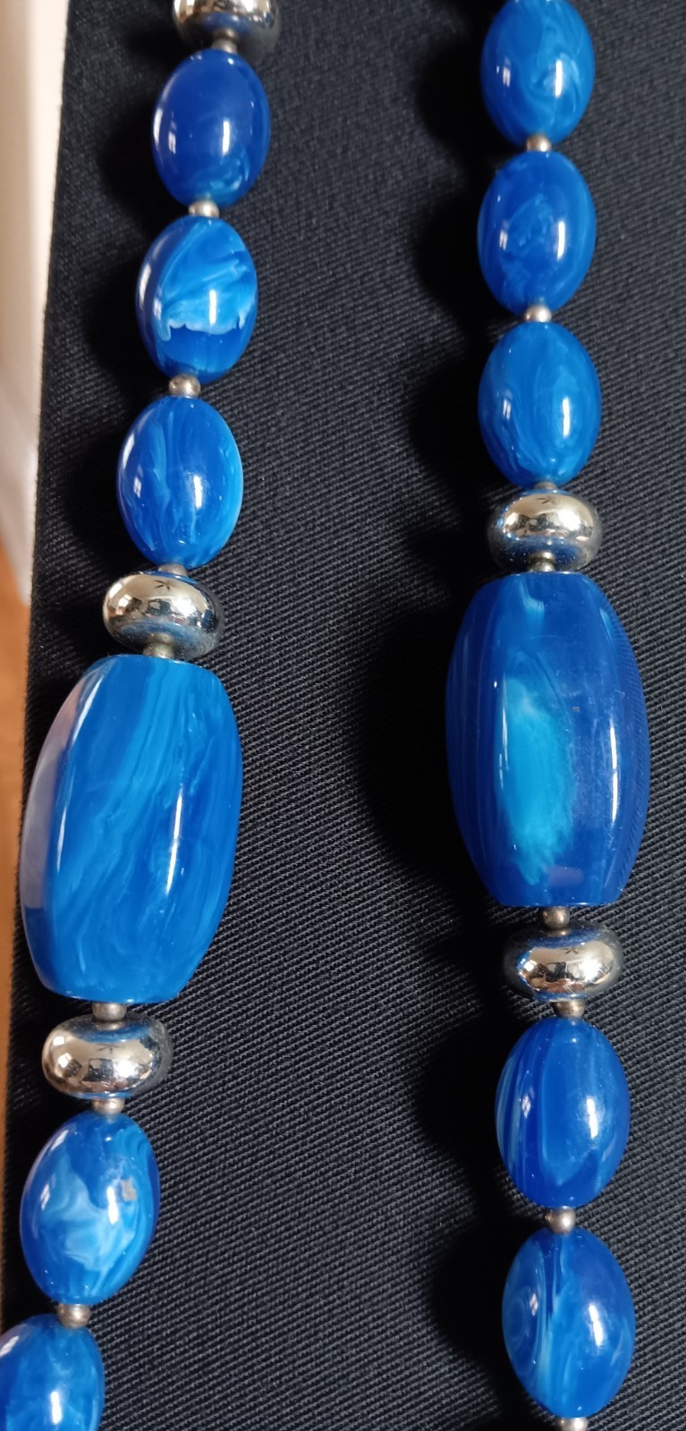 Vintage Blue Marbled Acrylic Bead Necklace W/ Silver Tone Beads &amp; Spacers - £8.95 GBP