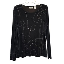Chicos Travelers Womens Top Black Size 2 Long Sleeve Sequin Stretch Pull... - $18.81