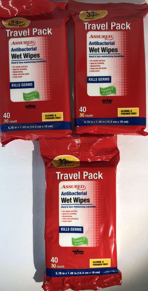 3pk 40ea =120 Total Assured Wet Cloths Travel Pk -SHIPS N 24 HOURS - $5.82