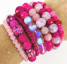 Pink Rhodochrosite Frost Stack Bracelet Set 7 Hot Pink Crystal Handmade  - £39.33 GBP
