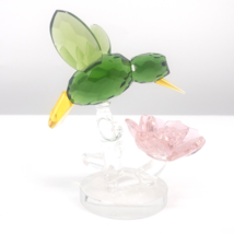 Sorelle Crystal Green Hummingbird Figurine Pink Flower Rare Signed 4 -3/4&quot; H - £42.55 GBP