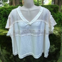 POL cream Ivory Mixed  Media Boxy Lace Oversized Boho V-neck Top Blouse ... - £20.30 GBP