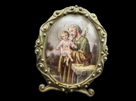 Vintage St. Joseph Jesus Italy Picture Plastic Stand Oval 2&quot; Christianity - $12.00
